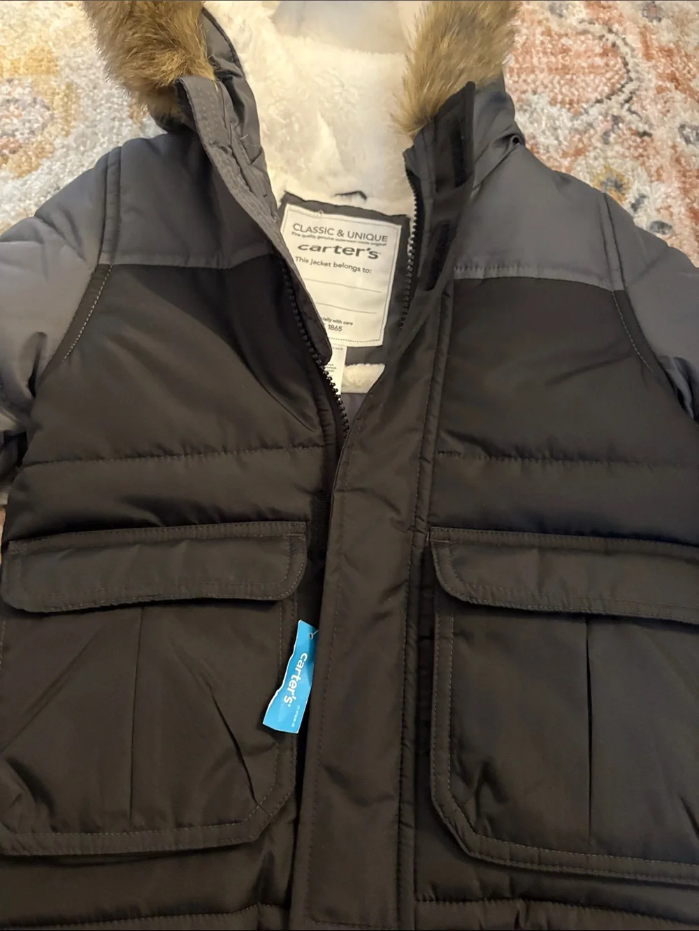 Carter's Toddler 2T Black and Gray Faux Fur-Trim Hooded Puffer Coat